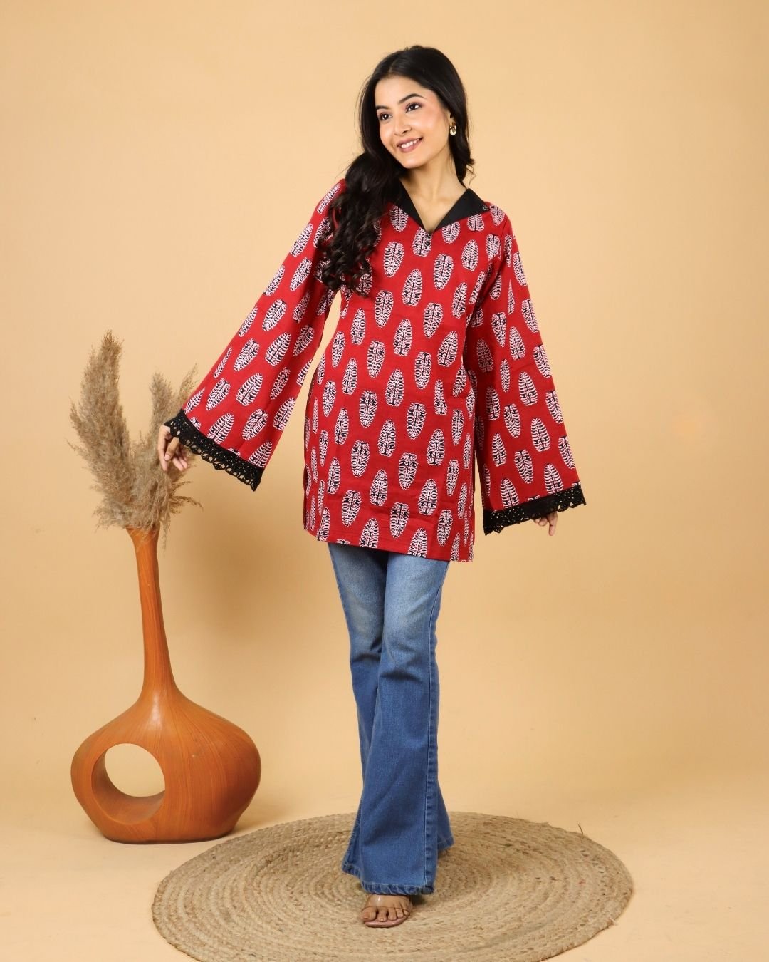 Red Cotton Kurti with Bell Sleeves