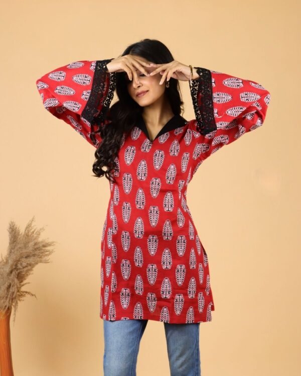 Red Cotton Kurti with Bell Sleeves