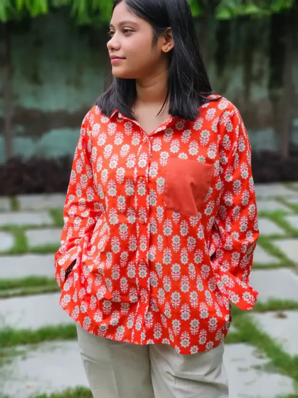 orange floral cotton shirt for women