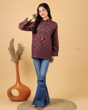 ajrakh handblock cotton shirt for women - red