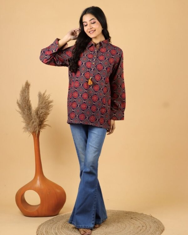 ajrakh handblock cotton shirt for women - red