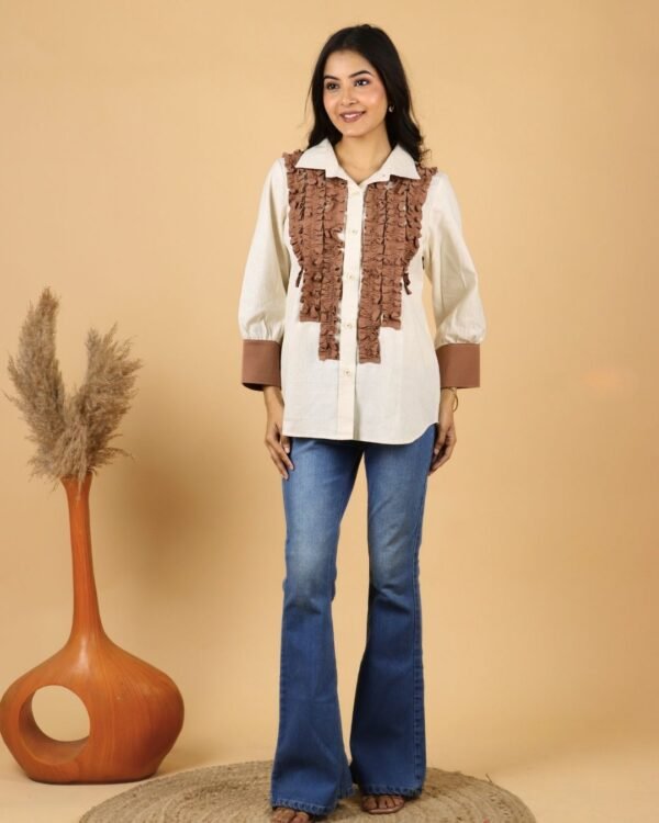 Mocha Ruffle Sleeved Khadi Shirt