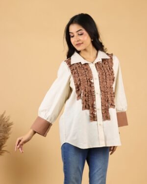 khadi full sleeves statement beige shirt for women