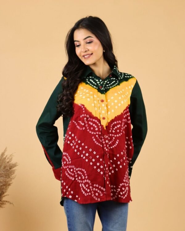 multicolor bandhani cotton shirt for women