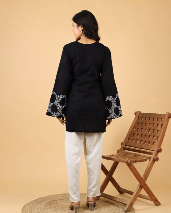 Black full bell sleeves cotton kurti with embroidered detail