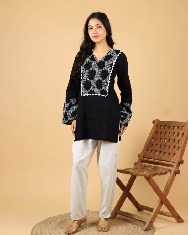 Black full bell sleeves cotton kurti with embroidered detail