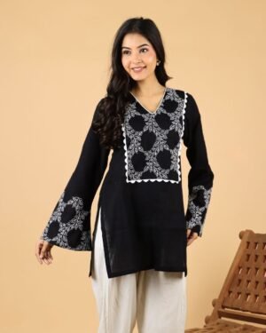 Black full bell sleeves cotton kurti with embroidered detail