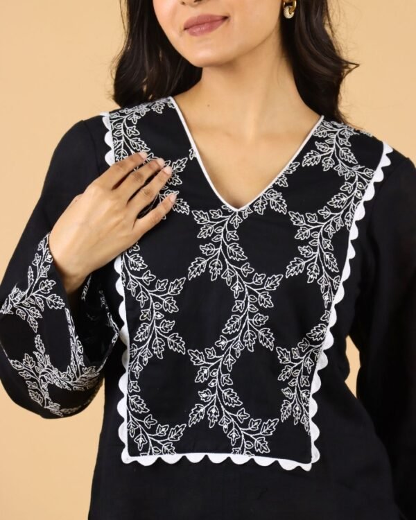 Black full bell sleeves cotton kurti with embroidered detail