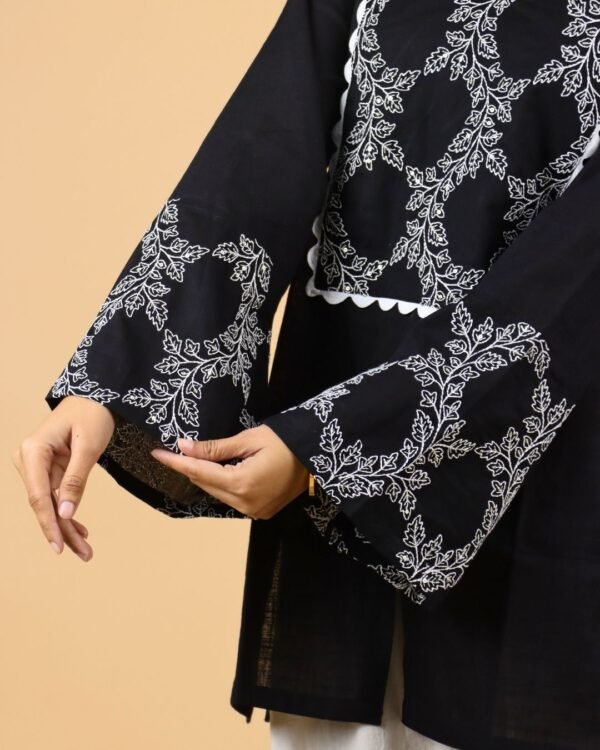 Black full sleeves cotton kurti with embroidered detail
