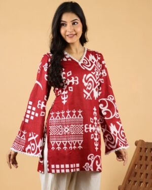 bell sleeves cotton kurti for women - red