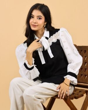 bow tie full sleeves black cotton shirt for women