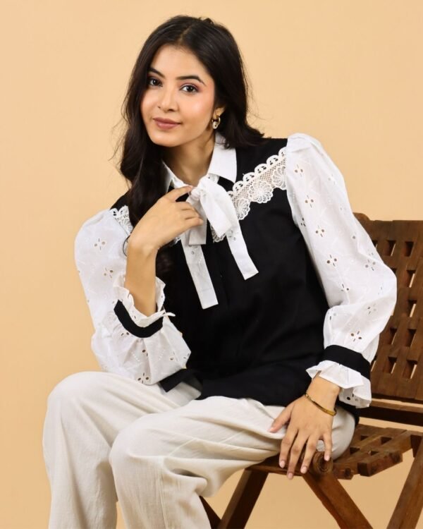 bow tie full sleeves black cotton shirt for women