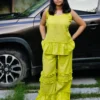 lime green cotton slub coord set for women