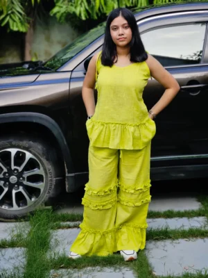 lime green cotton slub coord set for women