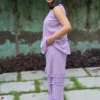 Lavender cotton slub co-ord set for women featuring sleeveless ruffle top and tiered pants. Breathable summer outfit for casual everyday wear.
