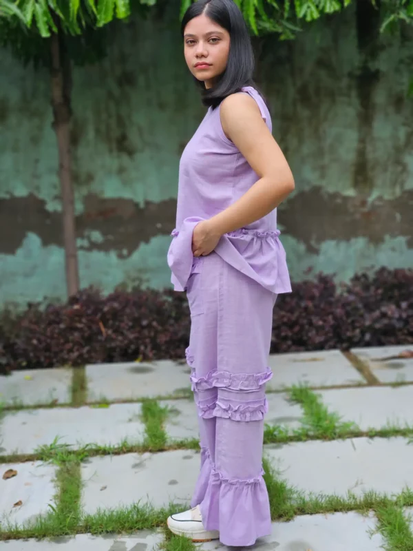Lavender cotton slub co-ord set for women featuring sleeveless ruffle top and tiered pants. Breathable summer outfit for casual everyday wear.