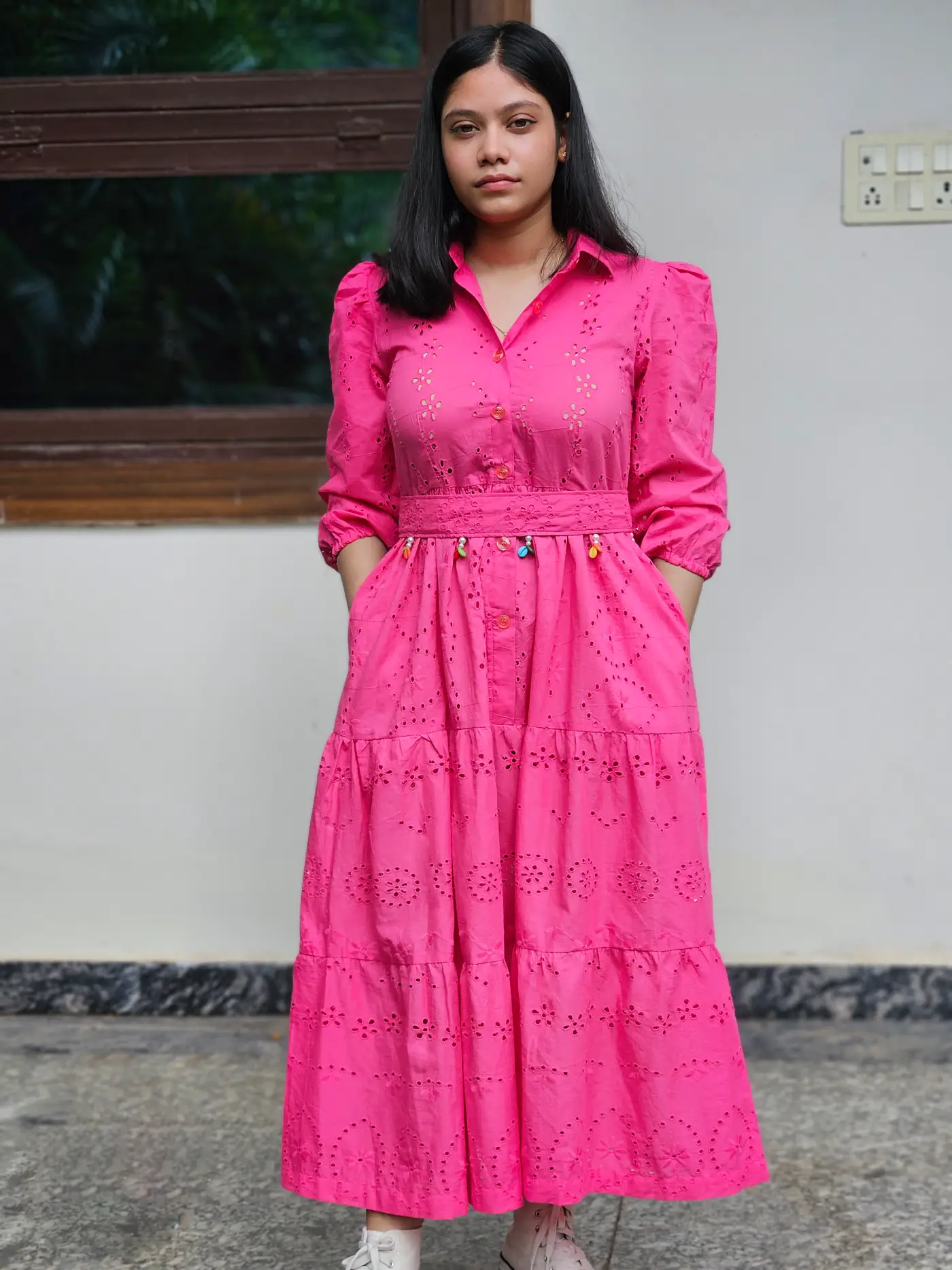 Gulabi Cotton Schiffli Tiered Dress