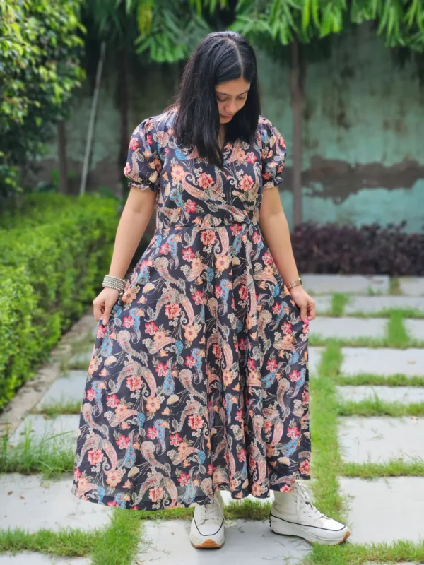 printed black cotton midi dress