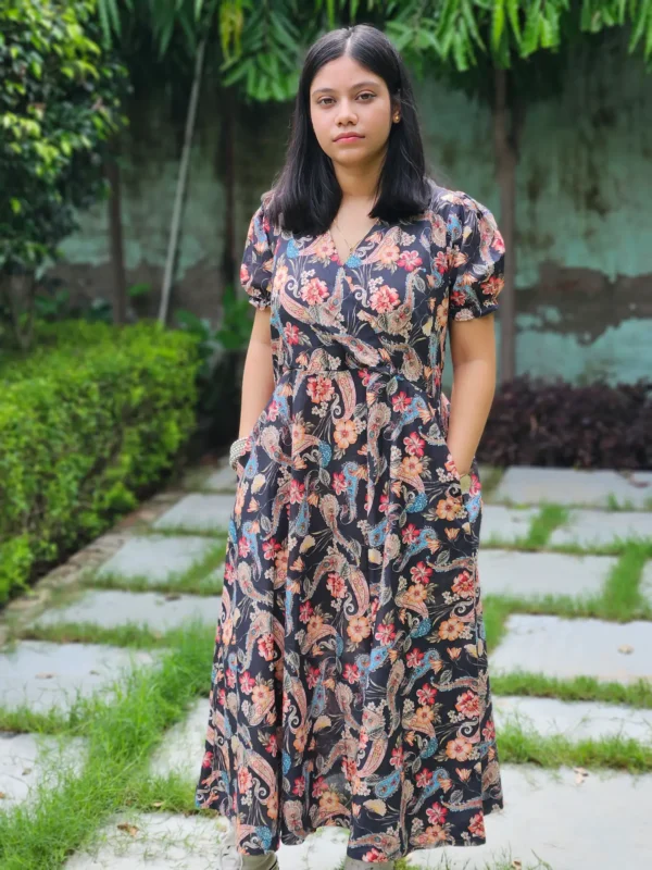 printed black cotton midi dress