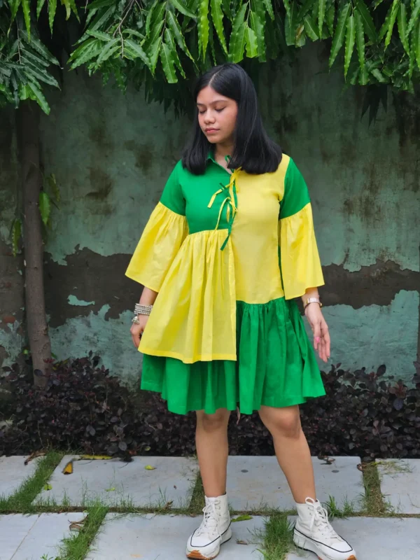 green yellow colorblock mini dress