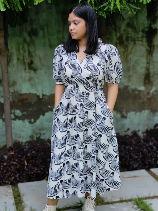 white zebra print cotton midi dress for women