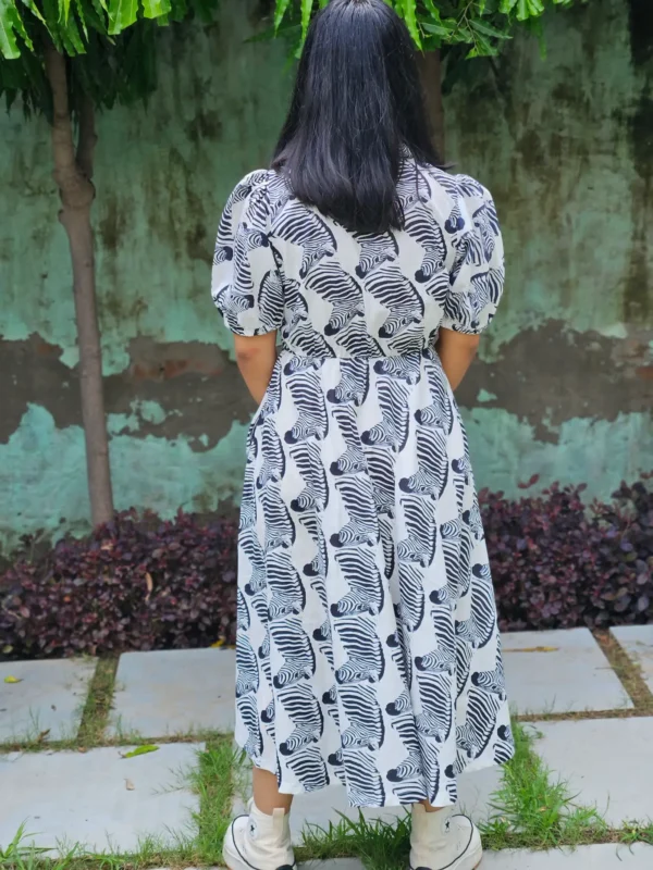 white zebra print cotton midi dress for women