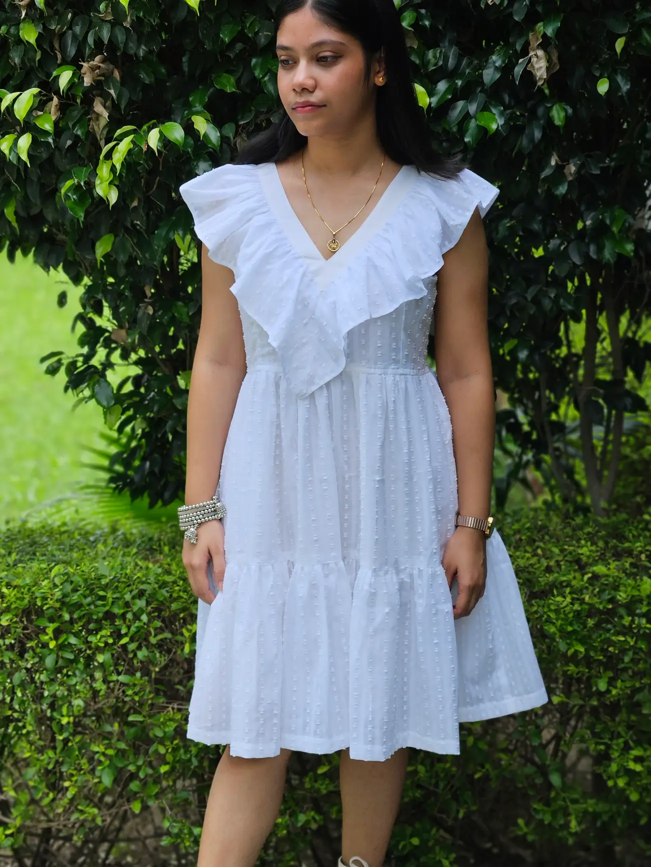 White Cotton Ruffle Dress with Tie-Up Back