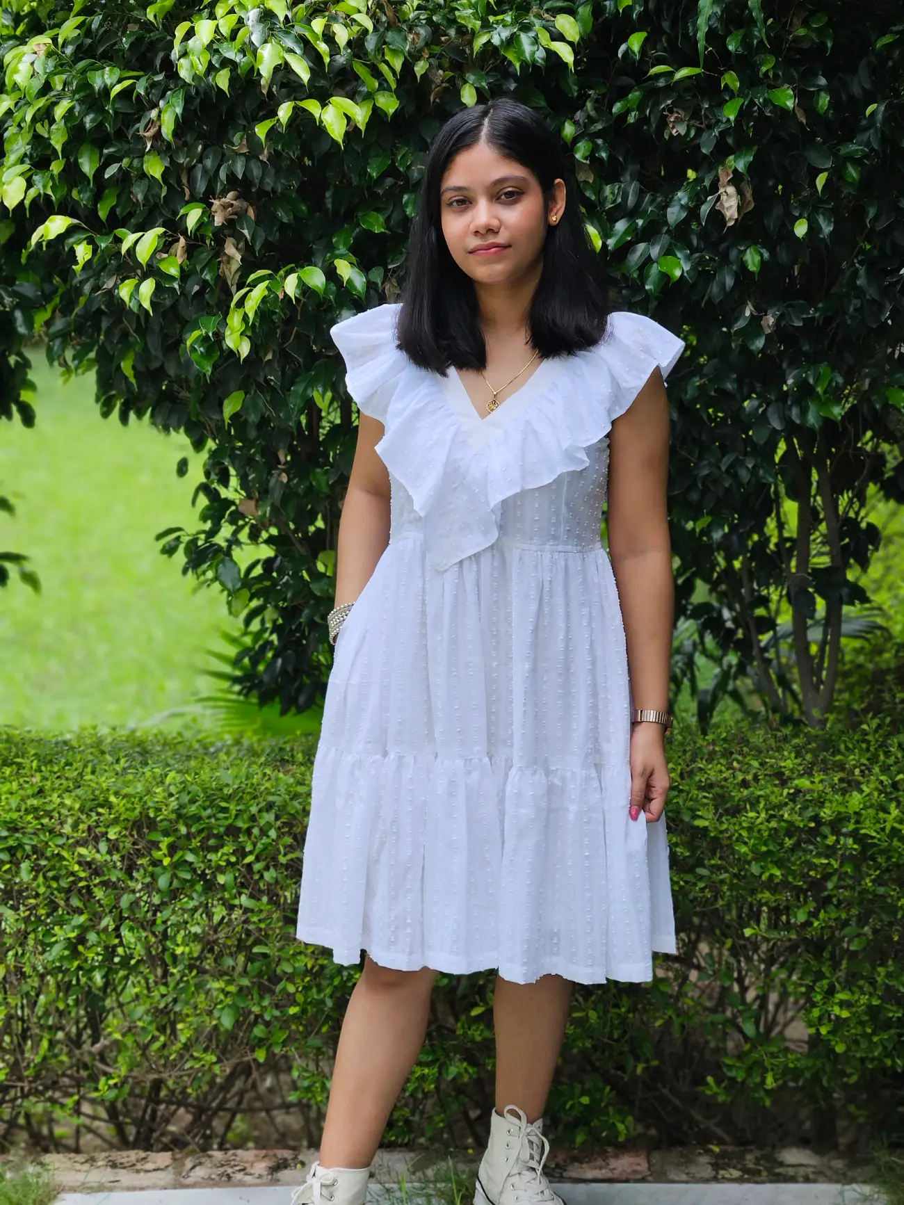 White Cotton Ruffle Dress with Tie-Up Back