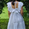 white dobby cotton mini dress with tie back detail