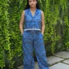 blue cotton poplin coord set with crop top and trousers