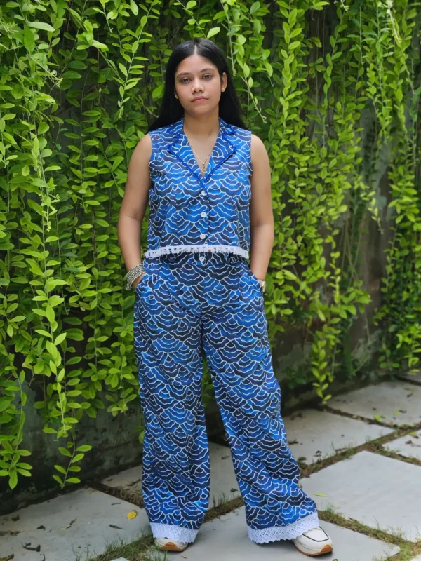 blue cotton poplin coord set with crop top and trousers