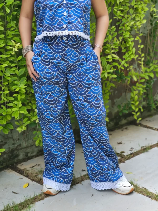 blue cotton poplin coord set with crop top and trousers