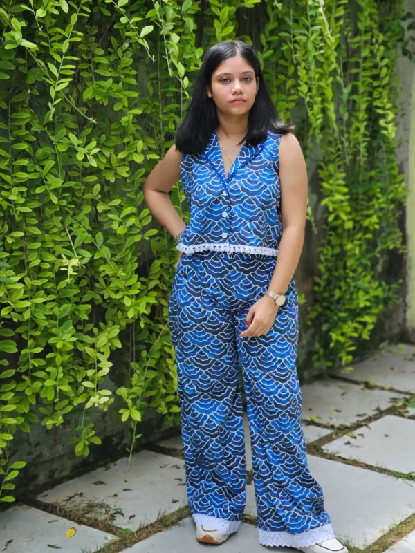 blue cotton poplin coord set with crop top and trousers