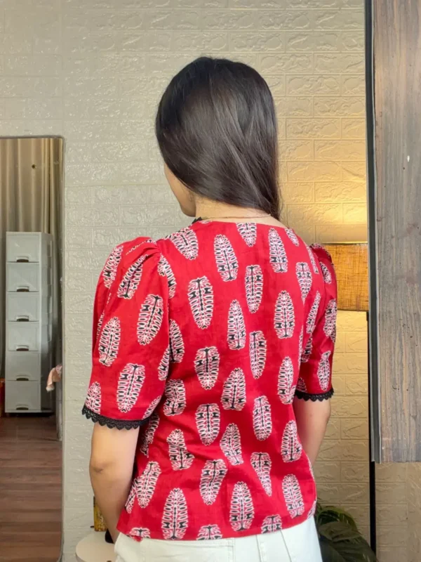 red ajrakh cotton top for women